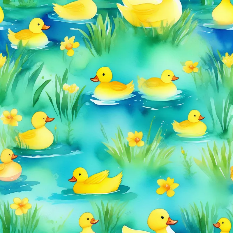 A little yellow duck with a cheerful smile swimming in a bright blue pond, surrounded by green grass and flowers