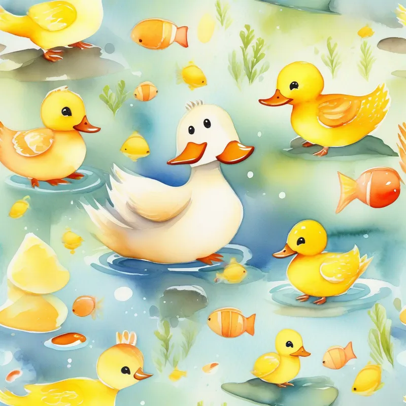A little yellow duck with a cheerful smile talking to squirrels and fish, who are looking surprised
