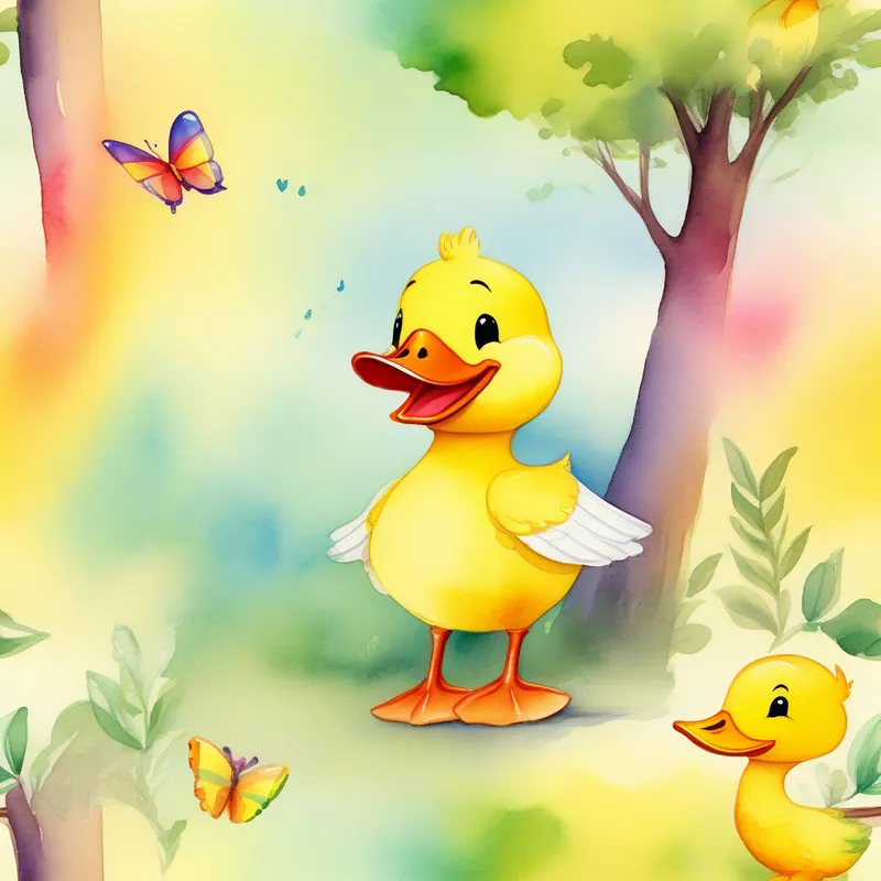 A little yellow duck with a cheerful smile talking to a butterfly, while looking excitedly at a tall tree with a rainbow-colored arrow