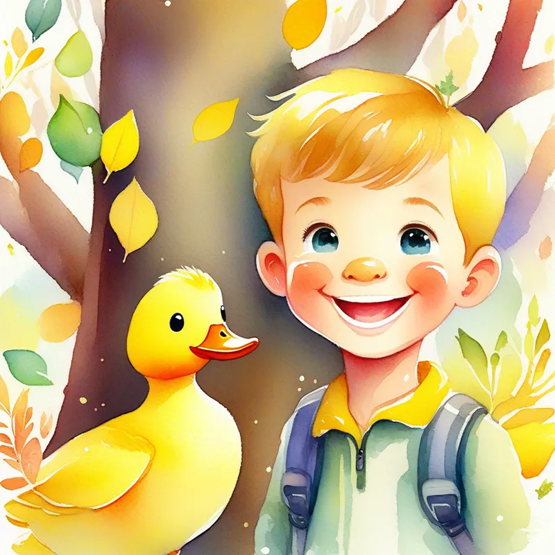 A little yellow duck with a cheerful smile and the boy looking happy, with the tree and colorful leaves in the background