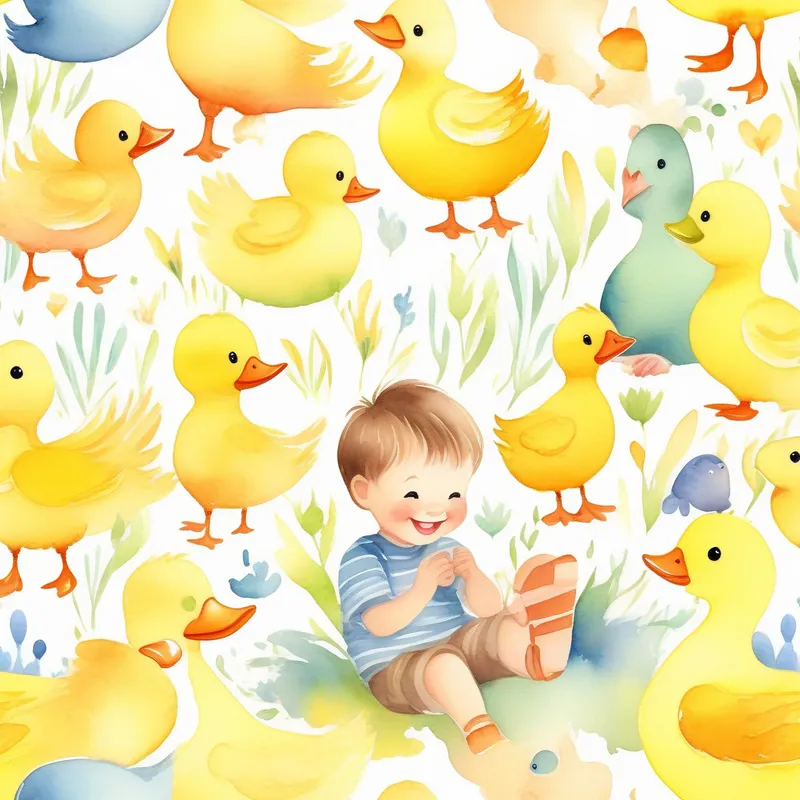 A little yellow duck with a cheerful smile and the boy playing together, surrounded by other happy animals