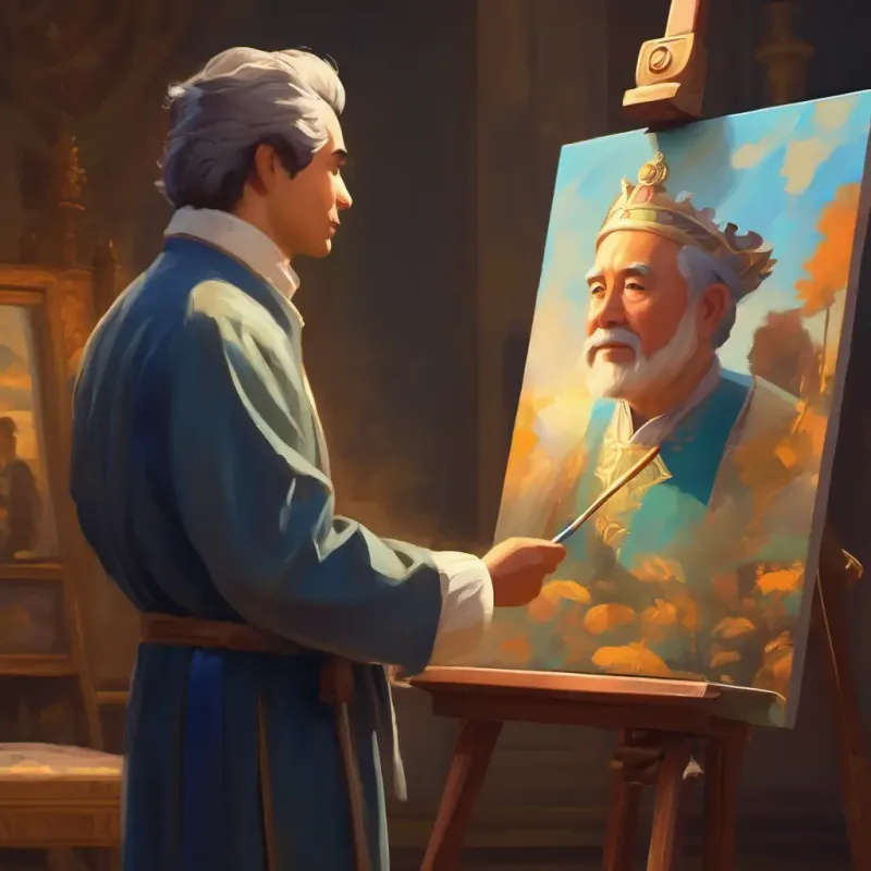 Young painter presenting a captivating portrait to the king.