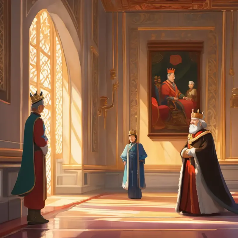 King in palace hallway, looking at ancestors' portraits.