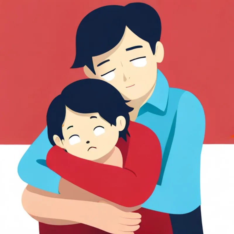 A small boy with messy hair and a red shirt. hugging his parents who have sad faces