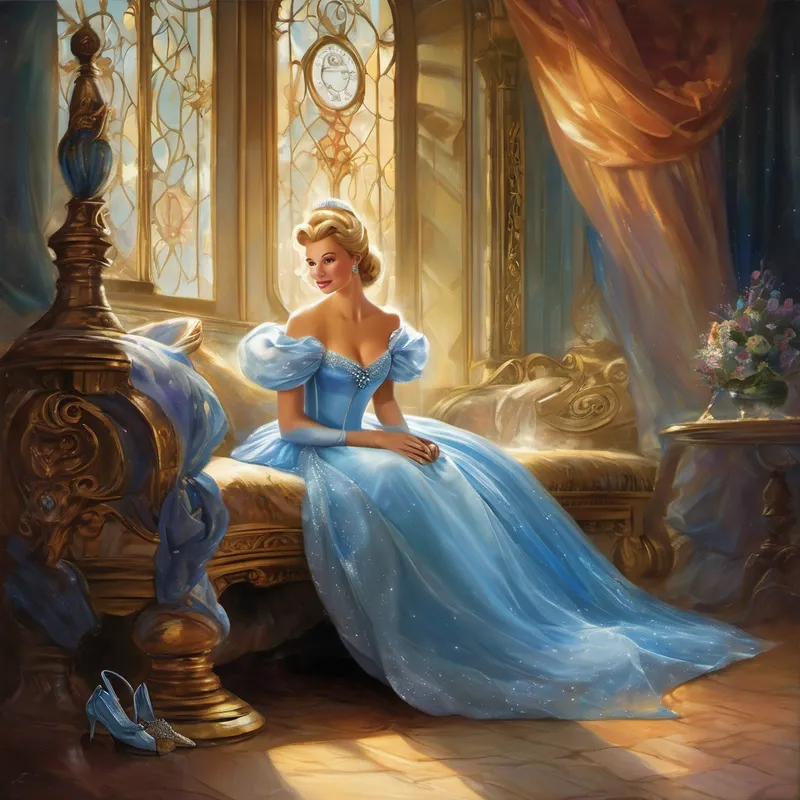 As Cinderella sat alone in her room, unable to hold back her tears, a soft glow appeared before her. It was her fairy godmother, who had been watching over her all along. With a wave of her wand, the fairy godmother transformed Cinderella's ragged clothes into a breathtaking gown, and her worn-out shoes became sparkling glass slippers. However, the fairy godmother's magic came with a warning. Cinderella had to return home before midnight, for that was when the spell would wear off. With gratitude in her heart, Cinderella thanked her fairy godmother and promised to do as she was told.