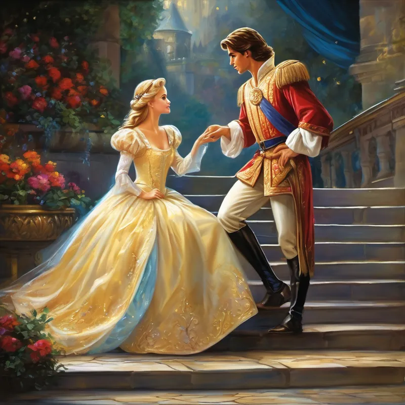 In her haste, Cinderella lost one of her glass slippers on the palace stairs, and she disappeared into the night. The prince, now completely enamored by her, knew he had to find the mysterious maiden who had captured his heart. The next day, the prince embarked on a quest throughout the kingdom, searching for the girl whose foot would perfectly fit into the glass slipper. Many young maidens tried, but none were a match. The prince refused to give up, for he knew in his heart that true love was waiting for him.