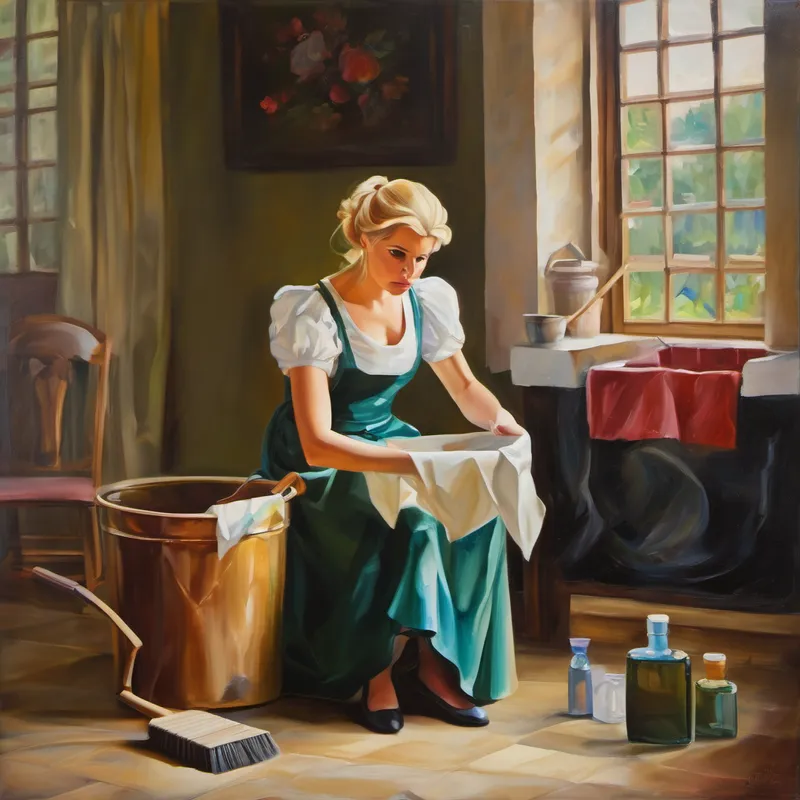 Young woman, blond, sad, cleaning.  Stepmother and stepsisters, angry.