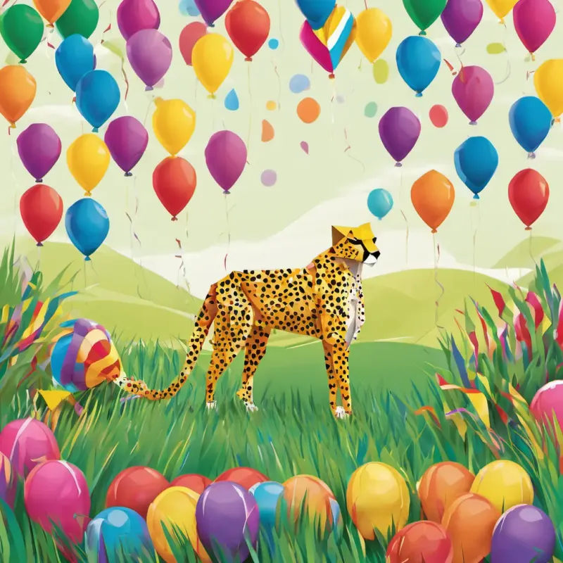 Cassie the cheetah standing in a grassy field with her friends, surrounded by colorful streamers and balloons.