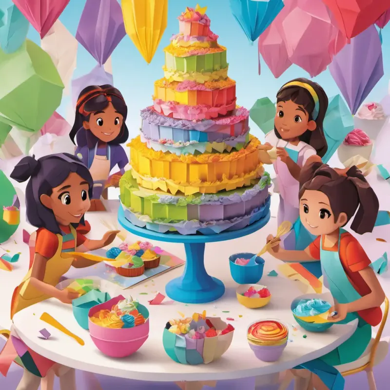 Cassie and her friends gathering around a giant cake with colorful frosting, mixing bowls and utensils scattered across the table.
