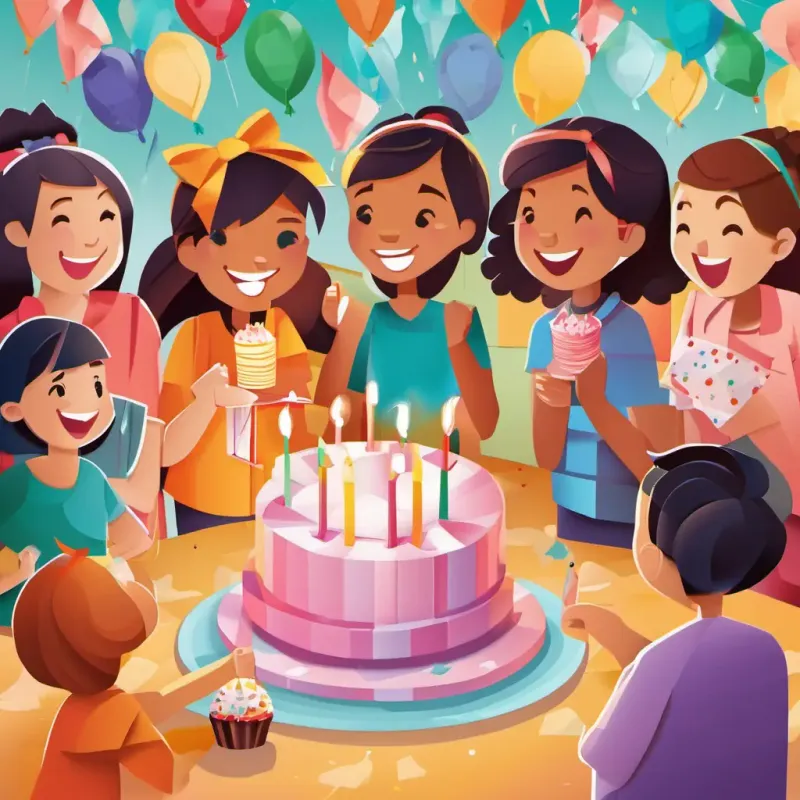 Cassie blowing out candles on the cake with a big smile, surrounded by her cheering friends.