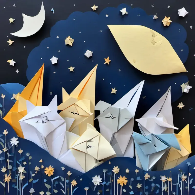 Cassie and her friends snuggled together, the moon rising in the night sky, with sleepy smiles and content expressions.