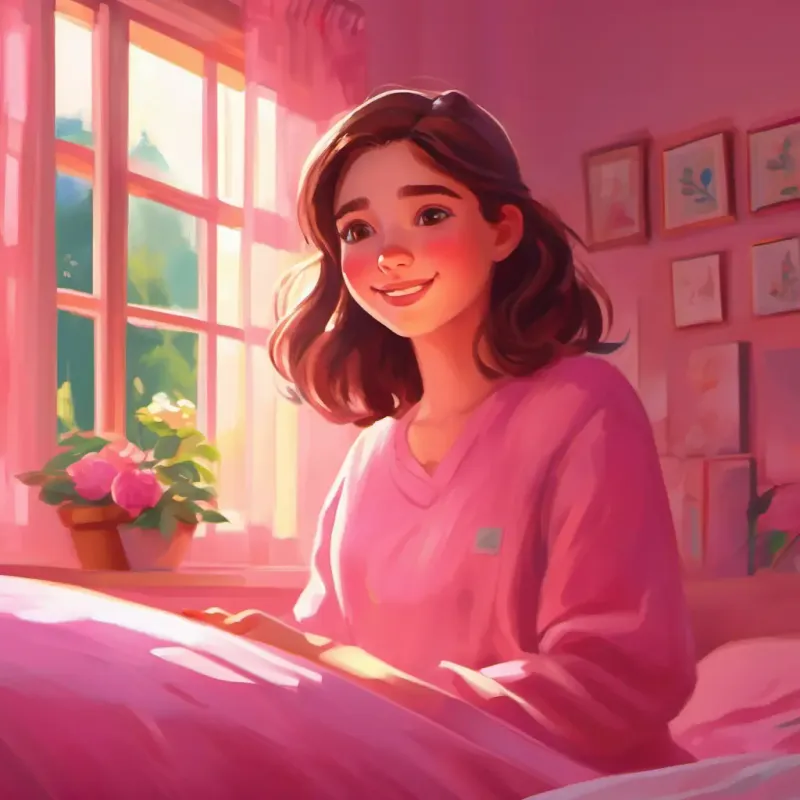 Girl with fair skin, rosy cheeks, bright hazel eyes, loves pink in her pink bedroom, morning light streaming in, feeling excited.