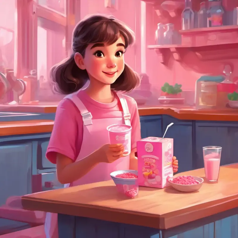 Girl with fair skin, rosy cheeks, bright hazel eyes, loves pink choosing breakfast, holding a pink cereal box and pink carton of milk.