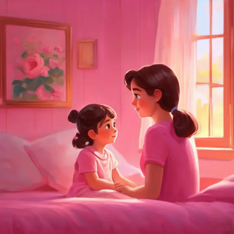 Back in her pink room, Girl with fair skin, rosy cheeks, bright hazel eyes, loves pink telling her mom about her day, realization dawning.
