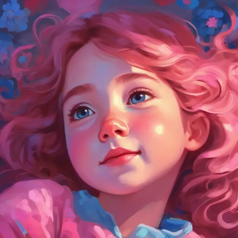 Girl with fair skin, rosy cheeks, bright hazel eyes, loves pink asleep, dreaming smiles on her face, dreams mixing pink and blue happily.