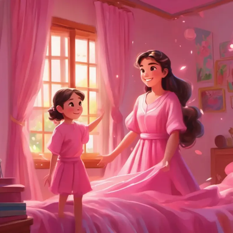 Girl with fair skin, rosy cheeks, bright hazel eyes, loves pink dressed in pink clothes, twirling with joy in her bedroom.