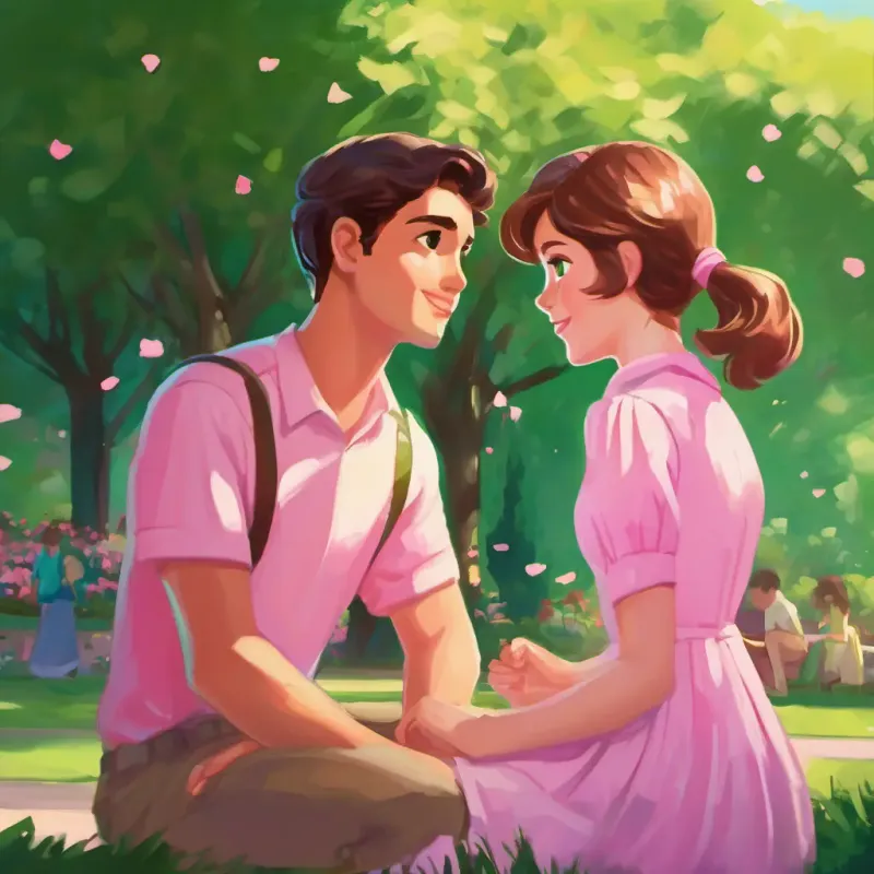 Meeting at the park, Girl with fair skin, rosy cheeks, bright hazel eyes, loves pink in pink, Boy with olive skin, short brown hair, green eyes, wears green in green, slight confusion on Girl with fair skin, rosy cheeks, bright hazel eyes, loves pink's face.