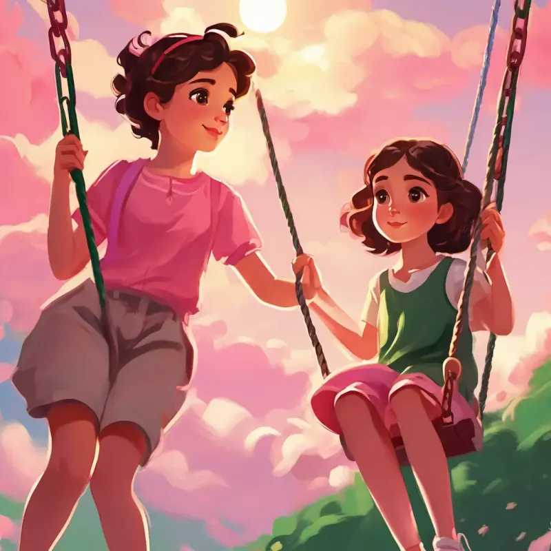 Girl with fair skin, rosy cheeks, bright hazel eyes, loves pink and Boy with olive skin, short brown hair, green eyes, wears green on swings, reaching for the sky, Girl with fair skin, rosy cheeks, bright hazel eyes, loves pink imagining pink clouds.