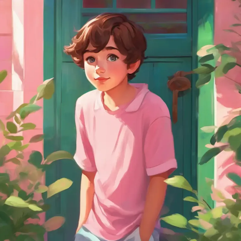 Outside Boy with olive skin, short brown hair, green eyes, wears green's blue house, Girl with fair skin, rosy cheeks, bright hazel eyes, loves pink hesitating, missing her familiar pink surroundings.
