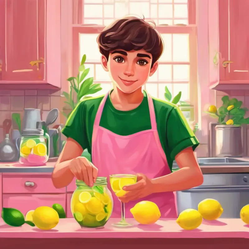 Making lemonade in the kitchen with Boy with olive skin, short brown hair, green eyes, wears green, Girl with fair skin, rosy cheeks, bright hazel eyes, loves pink discovers the pink lemonade mix.