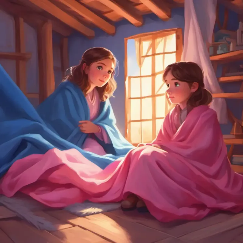 Building a fort with blue blankets, Girl with fair skin, rosy cheeks, bright hazel eyes, loves pink gives a questionable look but participates.