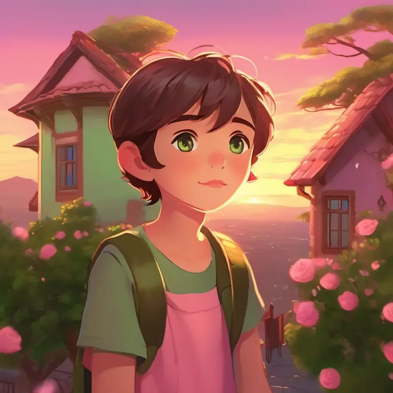 Leaving Boy with olive skin, short brown hair, green eyes, wears green's house, Girl with fair skin, rosy cheeks, bright hazel eyes, loves pink is grateful, the sky at dusk has a pink hue.