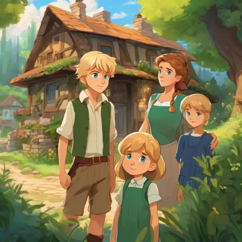 Blonde hair, blue eyes, brave and clever boy and Brown hair, green eyes, clever and resourceful girl standing in front of their cottage, their worried father and stern stepmother looking at them