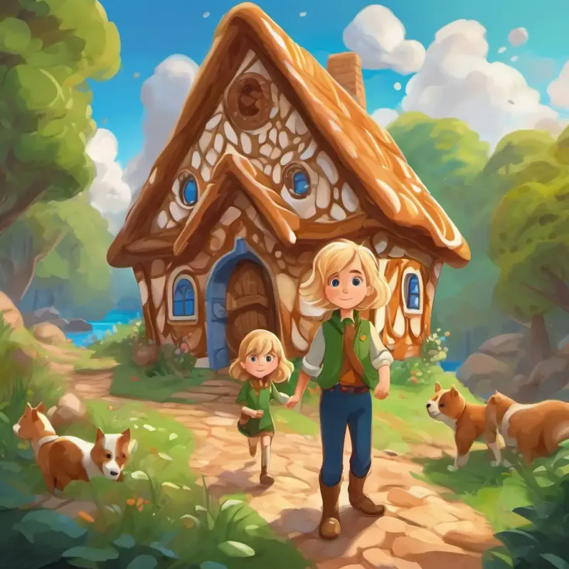 Blonde hair, blue eyes, brave and clever boy and Brown hair, green eyes, clever and resourceful girl following the pebble trail and discovering the gingerbread house