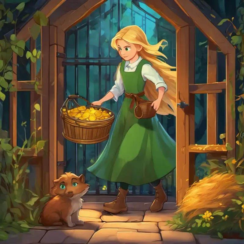The wicked witch locking Blonde hair, blue eyes, brave and clever boy in a cage, Brown hair, green eyes, clever and resourceful girl tricking the witch and pushing her into the oven, Blonde hair, blue eyes, brave and clever boy and Brown hair, green eyes, clever and resourceful girl holding the box of treasure and walking home