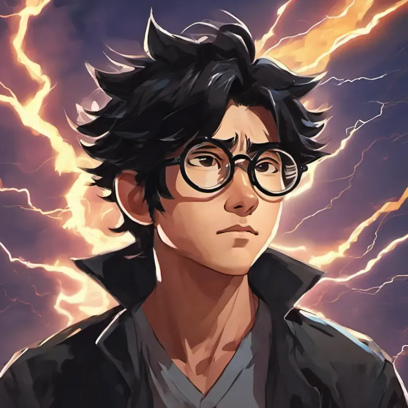 Messy black hair, round glasses, lightning-shaped scar on forehead with messy black hair, round glasses, and a lightning-shaped scar on his forehead