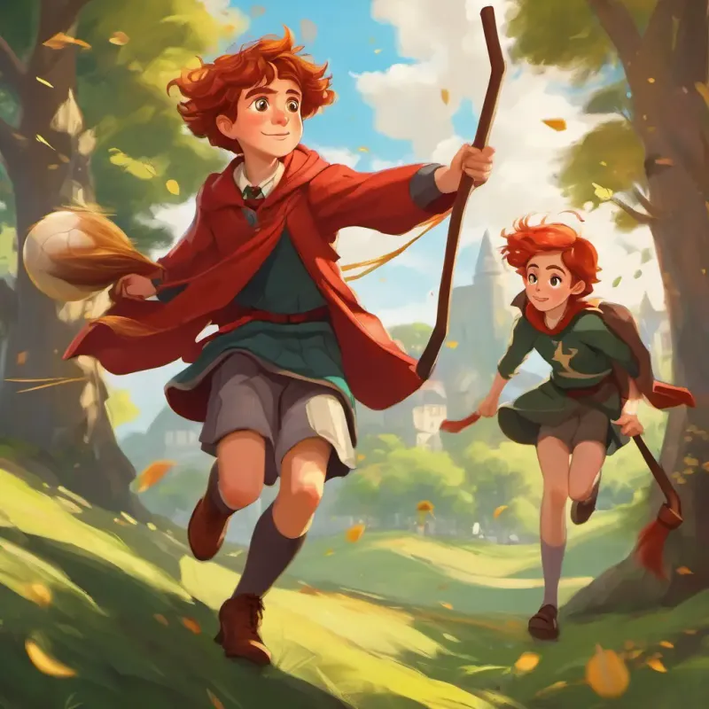 Harry with Red-haired boy with freckles and Smart girl with bushy brown hair, learning magic and playing Quidditch