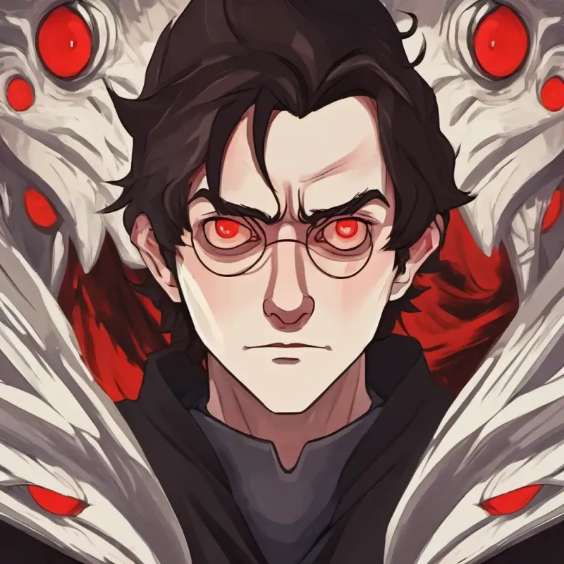 Harry facing the evil wizard Pale skin, red eyes, very scary with pale skin, red eyes, and a scary appearance