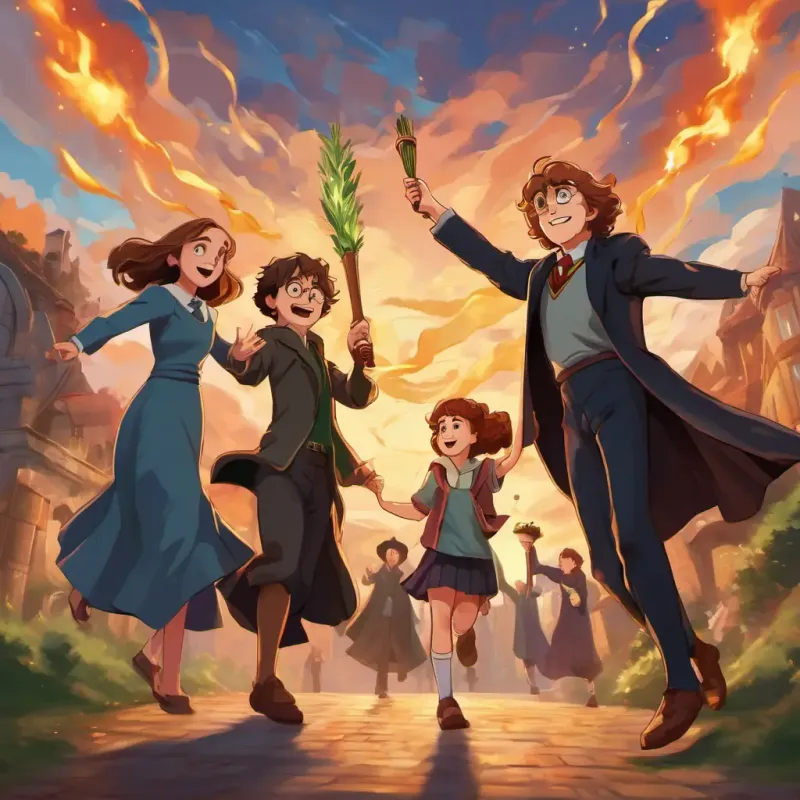 Harry, Ron, and Hermione celebrating their victory over Voldemort