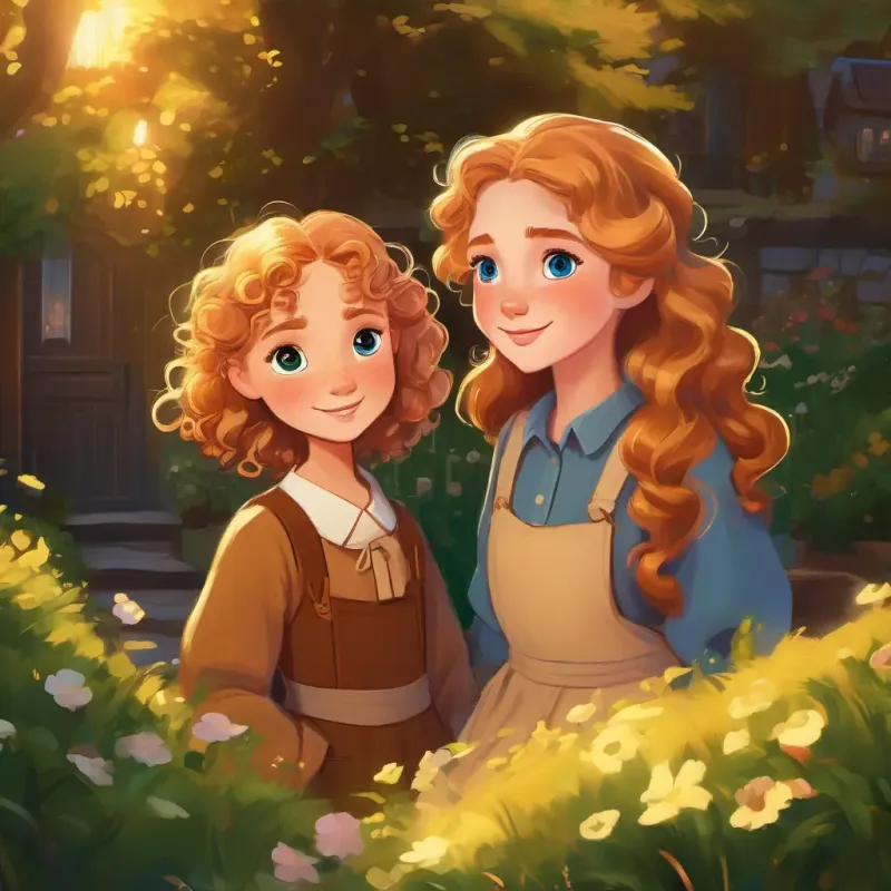 Rosie: Curly golden hair, sparkling blue eyes, and freckles on her cheeks and Neighbor girl: Long, wavy hair as dark as chocolate, and eyes that shone like emeralds becoming friends, lighthearted adventures