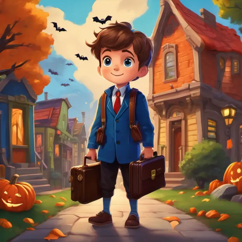 A little boy with brown hair, blue eyes, and a big smile in his debt collector costume, holding a briefcase and wearing a serious expression. Happyville in the background with colorful houses and trees.