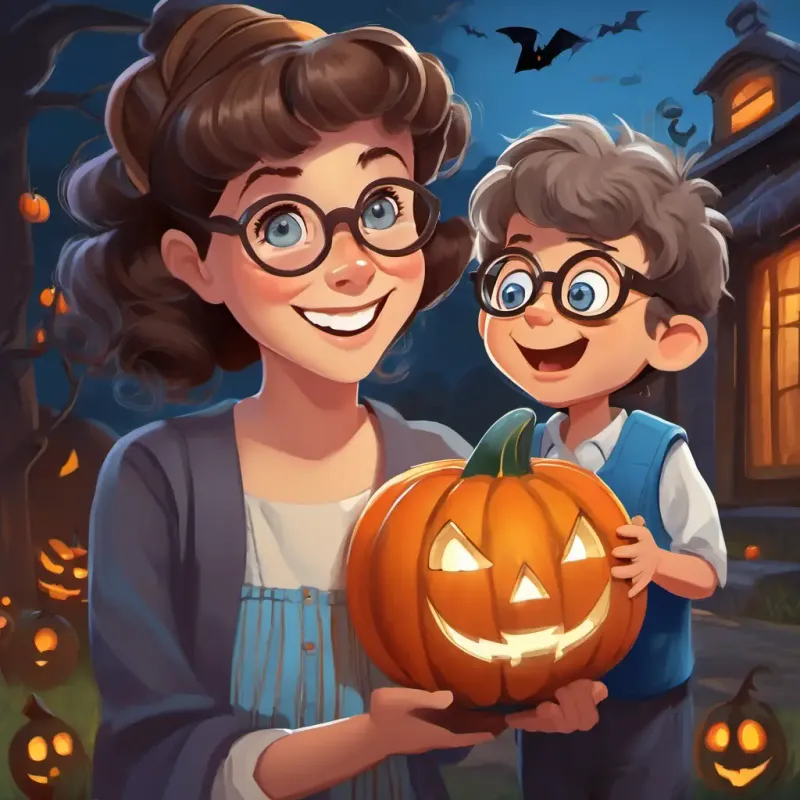 A little boy with brown hair, blue eyes, and a big smile talking to An older lady with gray hair, glasses, and a friendly face, who looks surprised but grateful. A little boy with brown hair, blue eyes, and a big smile still dressed as a debt collector.