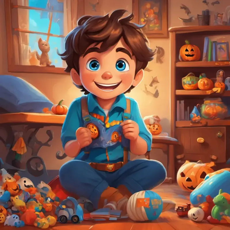 A little boy with brown hair, blue eyes, and a big smile at home, taking off his debt collector costume and smiling. His room filled with toys and a poster about responsibility and empathy.