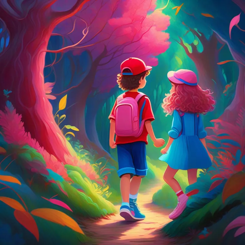 A boy wearing a red cap and blue shoes and A girl with long curly hair and a pink dress exploring the colorful magical forest