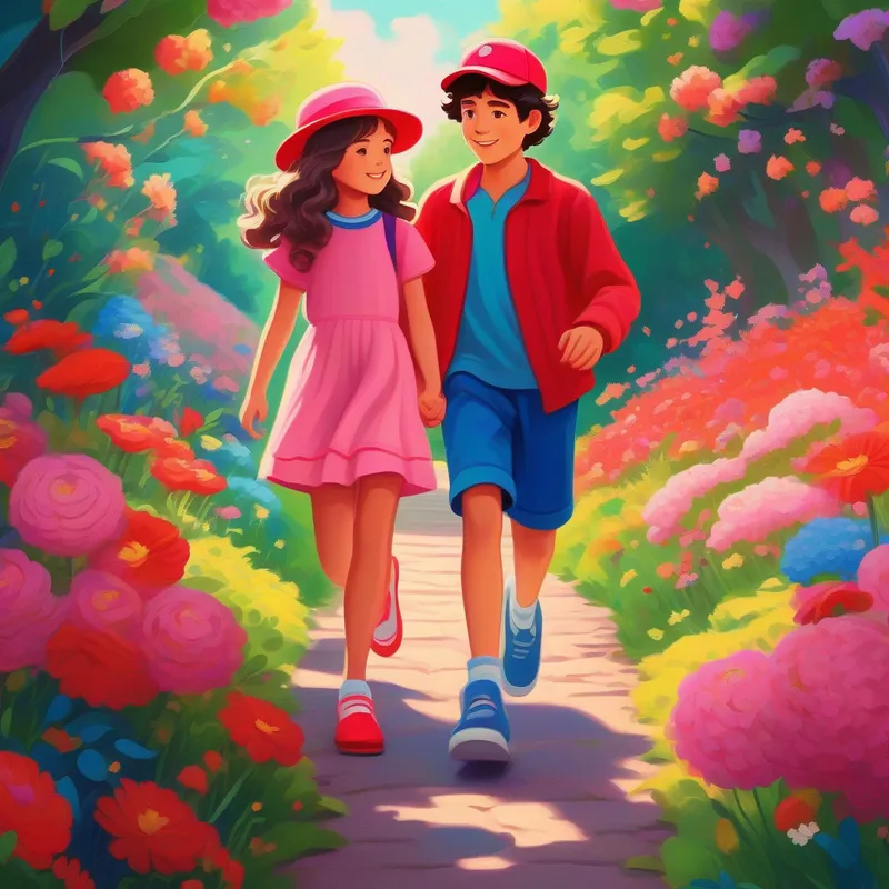 A boy wearing a red cap and blue shoes and A girl with long curly hair and a pink dress surrounded by vibrant flowers and a winding path