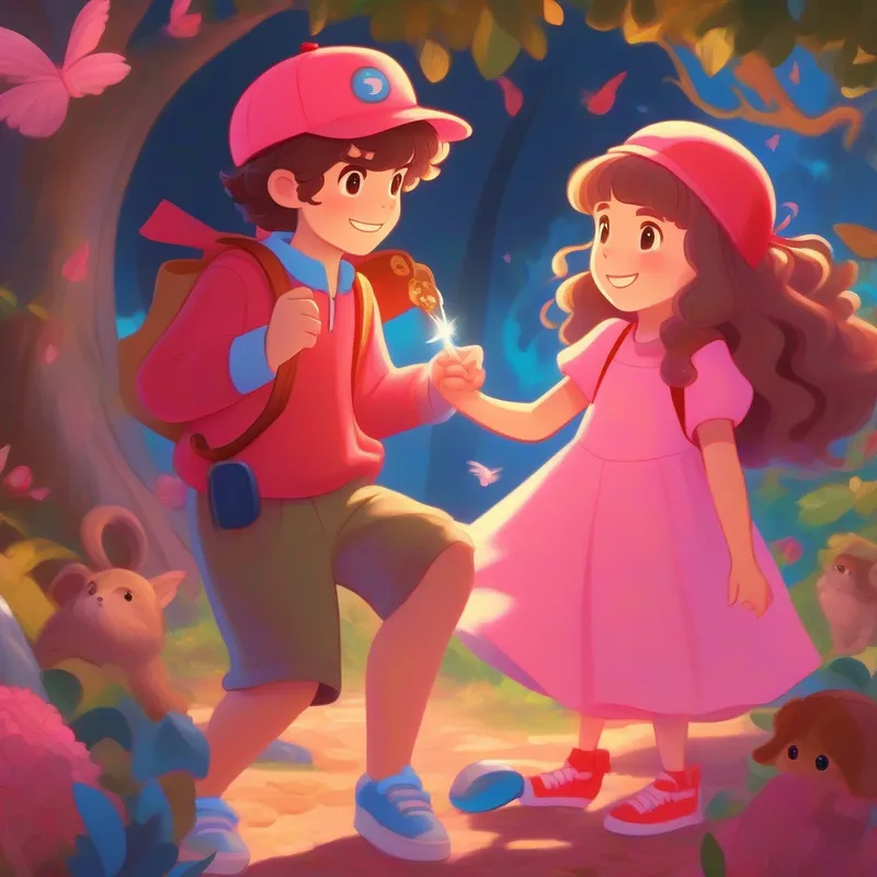 A boy wearing a red cap and blue shoes and A girl with long curly hair and a pink dress sharing the treasure with their friends and family