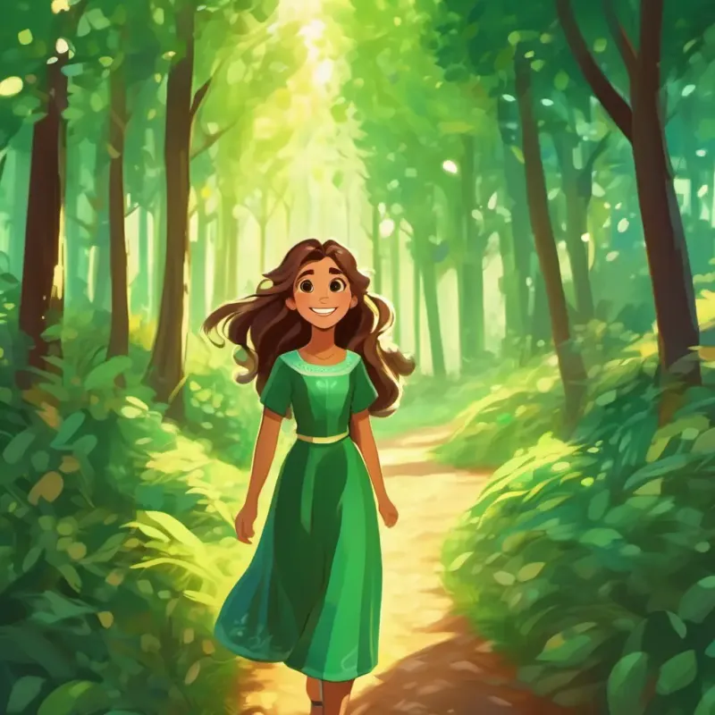 Laila: Long brown hair, sparkling green eyes, kind smile sings while walking through the forest.
