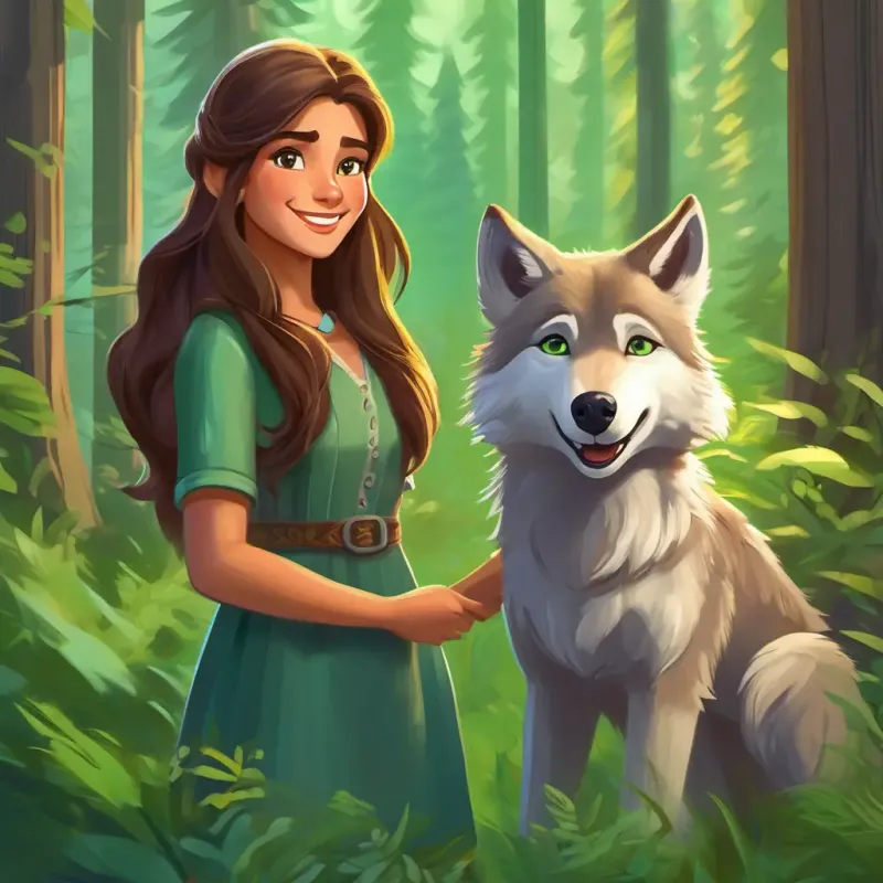 Laila: Long brown hair, sparkling green eyes, kind smile finds a small, gray wolf pup in the forest.
