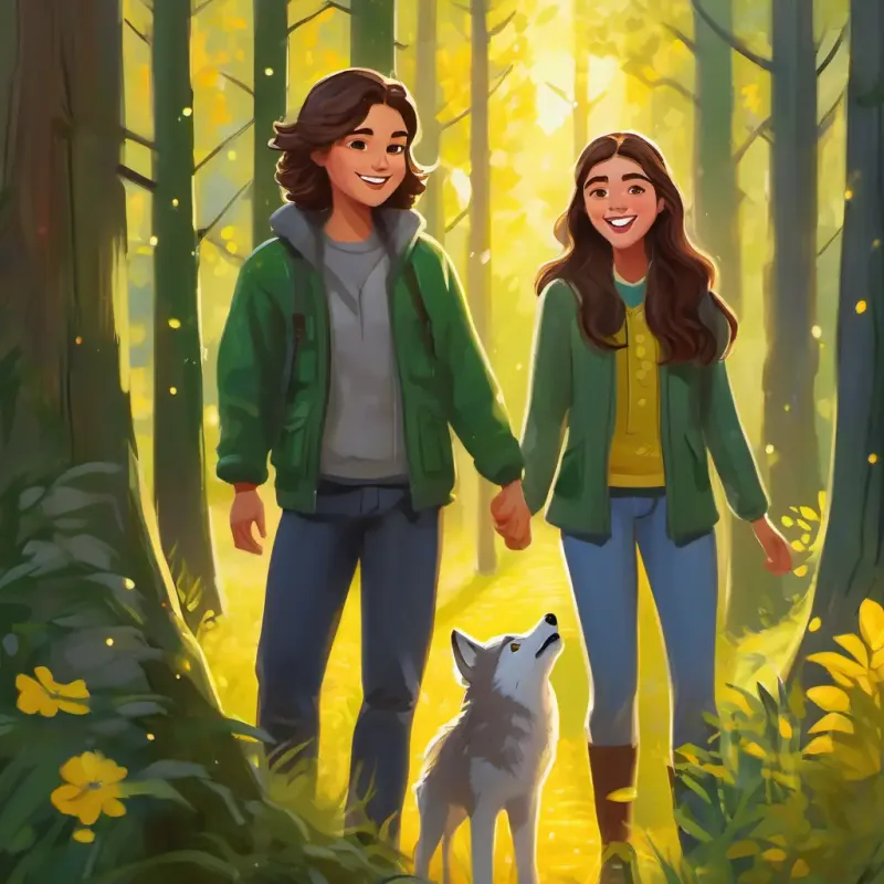 The forest echoes with the laughter and friendship of Laila: Long brown hair, sparkling green eyes, kind smile and Wally: Small gray wolf pup, bright yellow eyes.