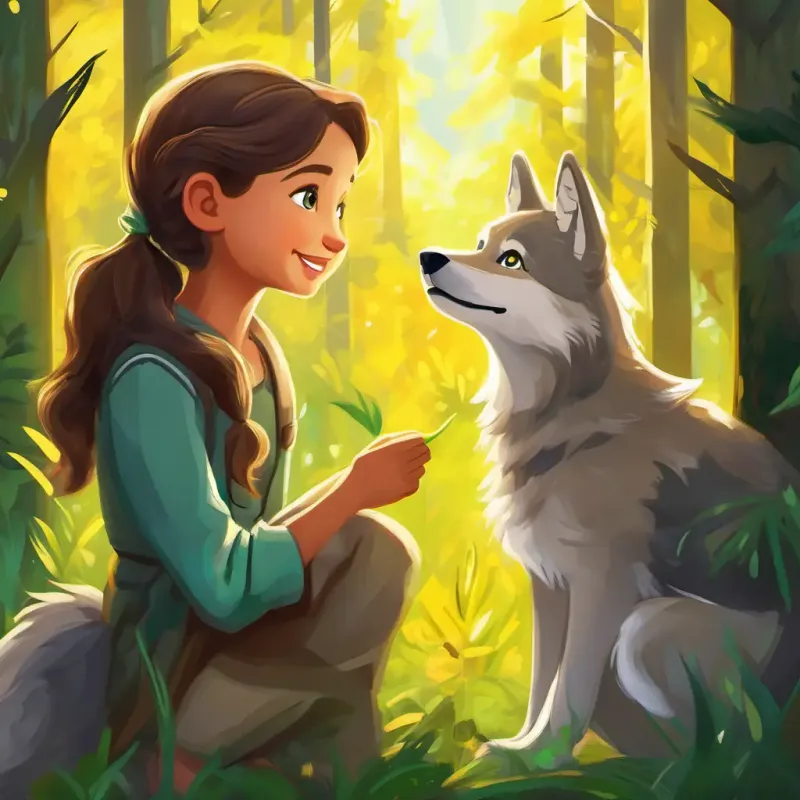 The forest learns of the heartwarming bond between Laila: Long brown hair, sparkling green eyes, kind smile and Wally: Small gray wolf pup, bright yellow eyes.