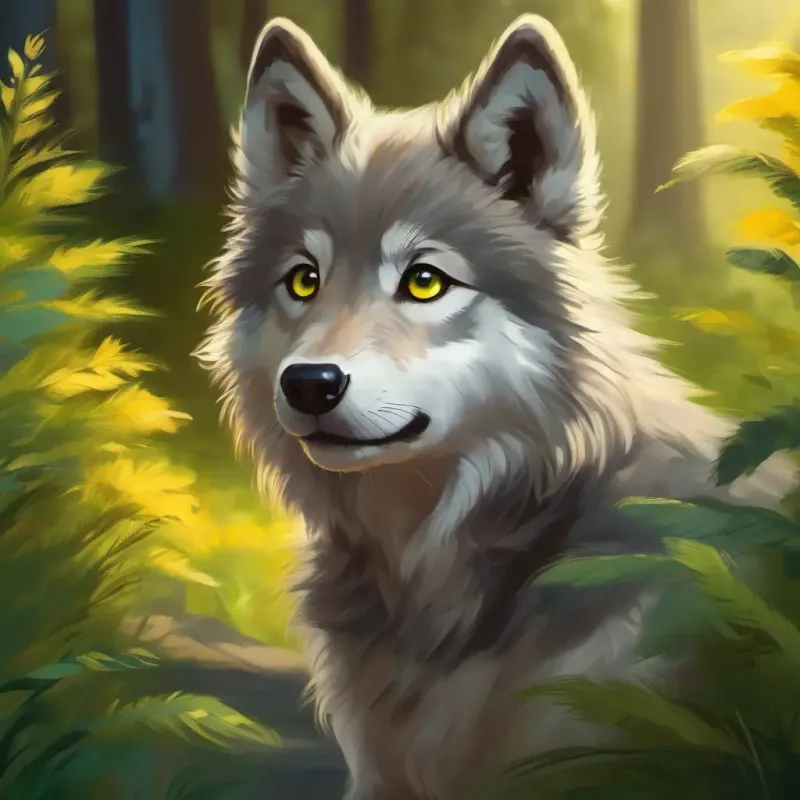 Wally: Small gray wolf pup, bright yellow eyes the pup approaches Laila: Long brown hair, sparkling green eyes, kind smile, looking hungry and lost.