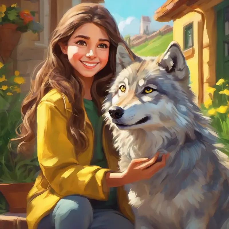 Laila: Long brown hair, sparkling green eyes, kind smile shares her sandwich with Wally: Small gray wolf pup, bright yellow eyes and promises to help.