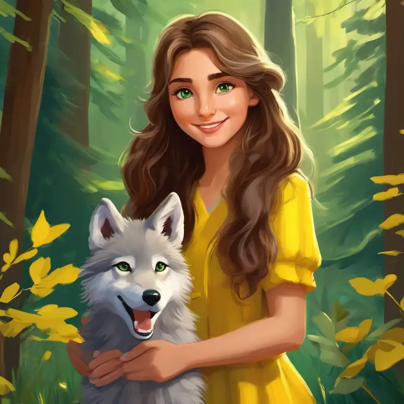 Laila: Long brown hair, sparkling green eyes, kind smile and Wally: Small gray wolf pup, bright yellow eyes search for Wally: Small gray wolf pup, bright yellow eyes's family in the woods.