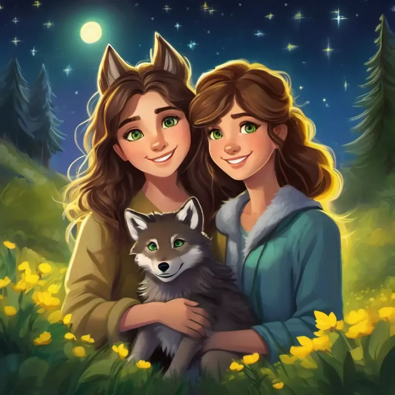 Laila: Long brown hair, sparkling green eyes, kind smile and Wally: Small gray wolf pup, bright yellow eyes huddle together under the stars.