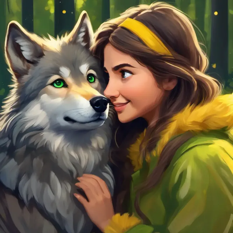 Laila: Long brown hair, sparkling green eyes, kind smile and Wally: Small gray wolf pup, bright yellow eyes follow a distant howl.