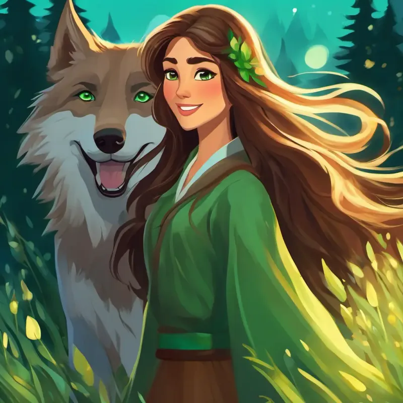 Laila: Long brown hair, sparkling green eyes, kind smile waves goodbye to the wolves, feeling content.